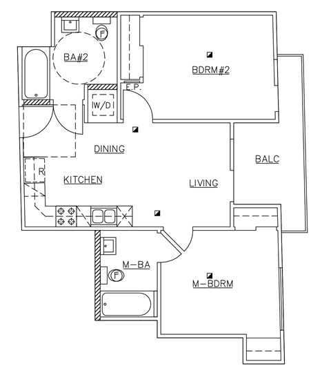 A floor plan of a house with a kitchen, dining room, living room, and bathrooms.